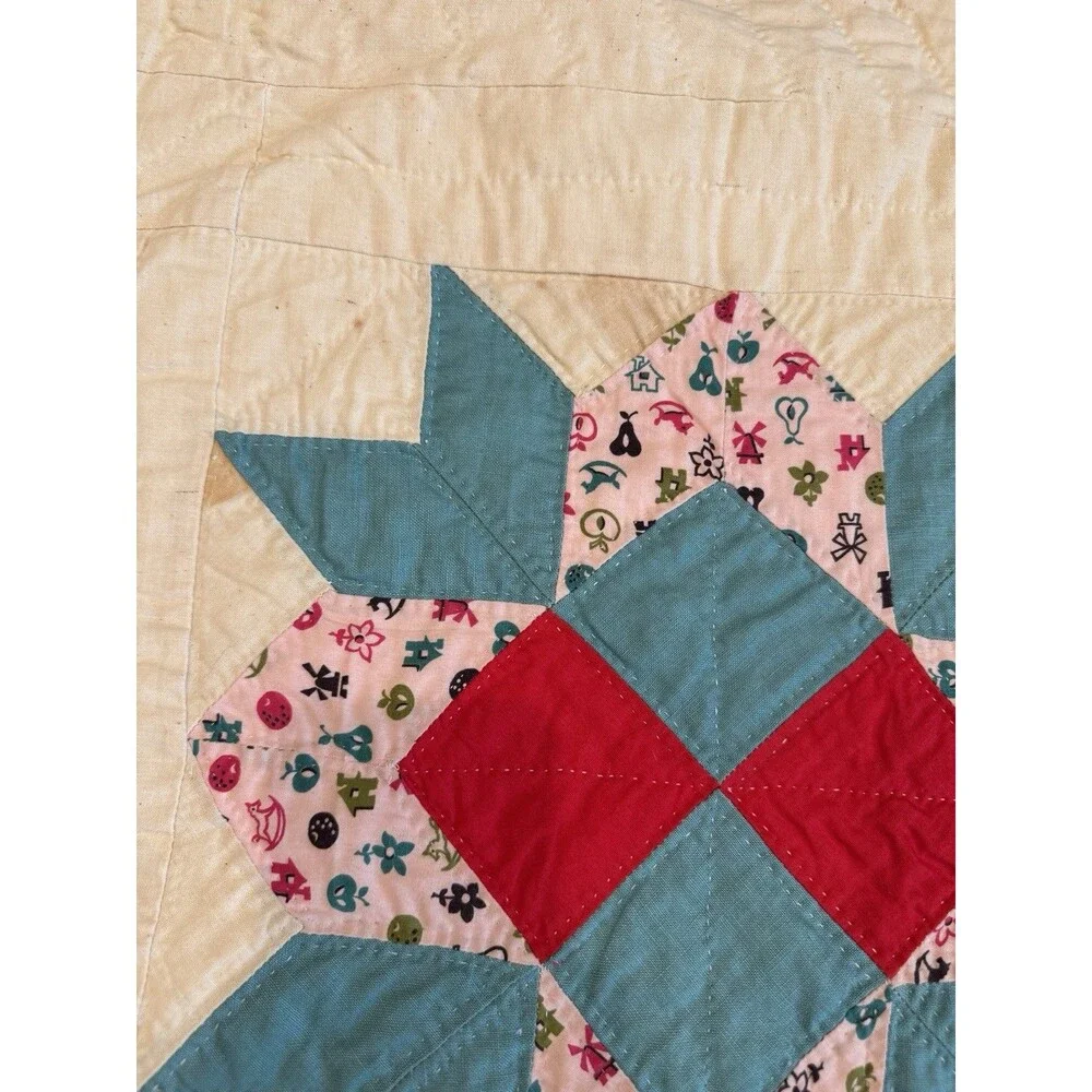 Vintage Handcrafted Patchwork Star Quilt Calico Cottagecore Folk Art 69